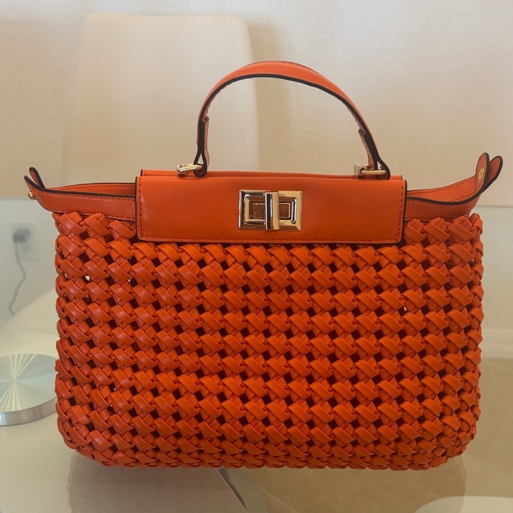 Orange Woven Vegan Handbag With Shoulder Strap